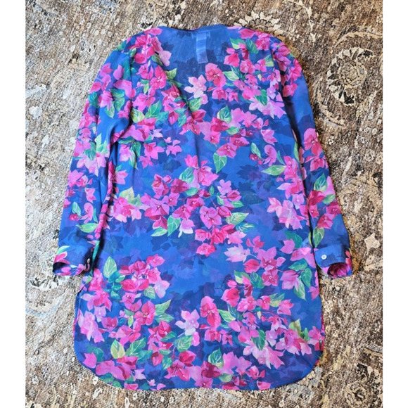 Tommy Bahama Blue Floral Sheer Swimsuit Cover-Up Button Front Roll Tab Sleeve S - Picture 7 of 9